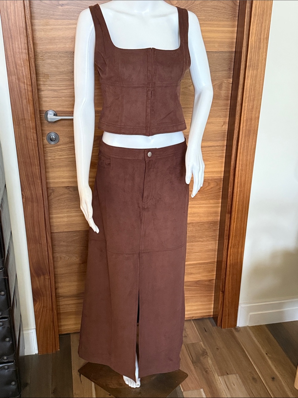 Free People Faux Suede Brown Maxi Skirt Set - Deep Chocolate Tone